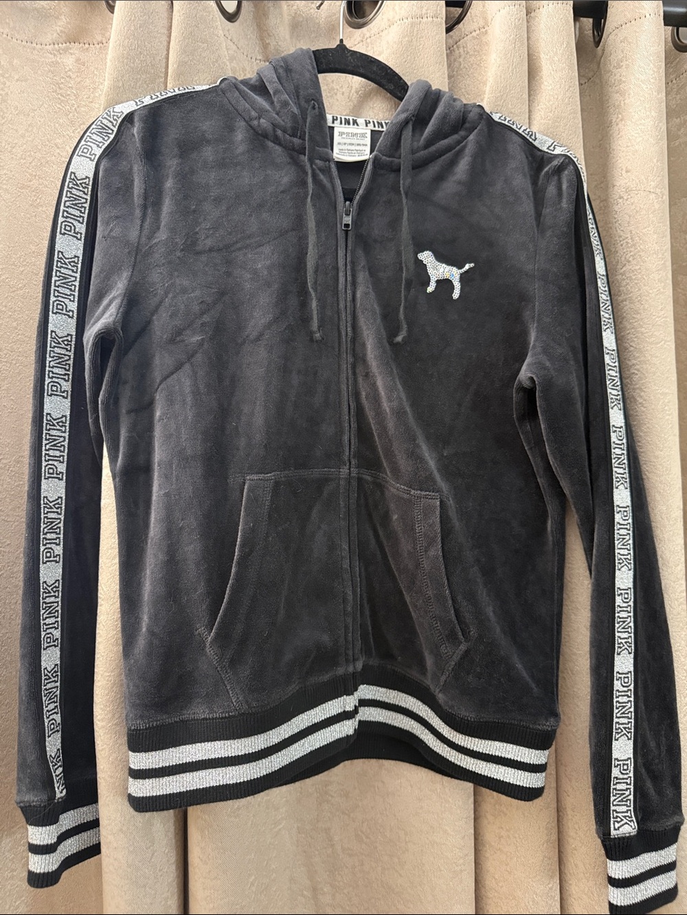 PINK Victoria's Secret Black Velour Zip-Up Hoodie with Dog Logo